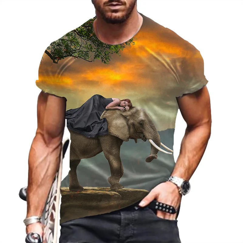 

Summer European American O-Neck Elephant 3D Digital Print Mens Casual Short-Sleeve Top