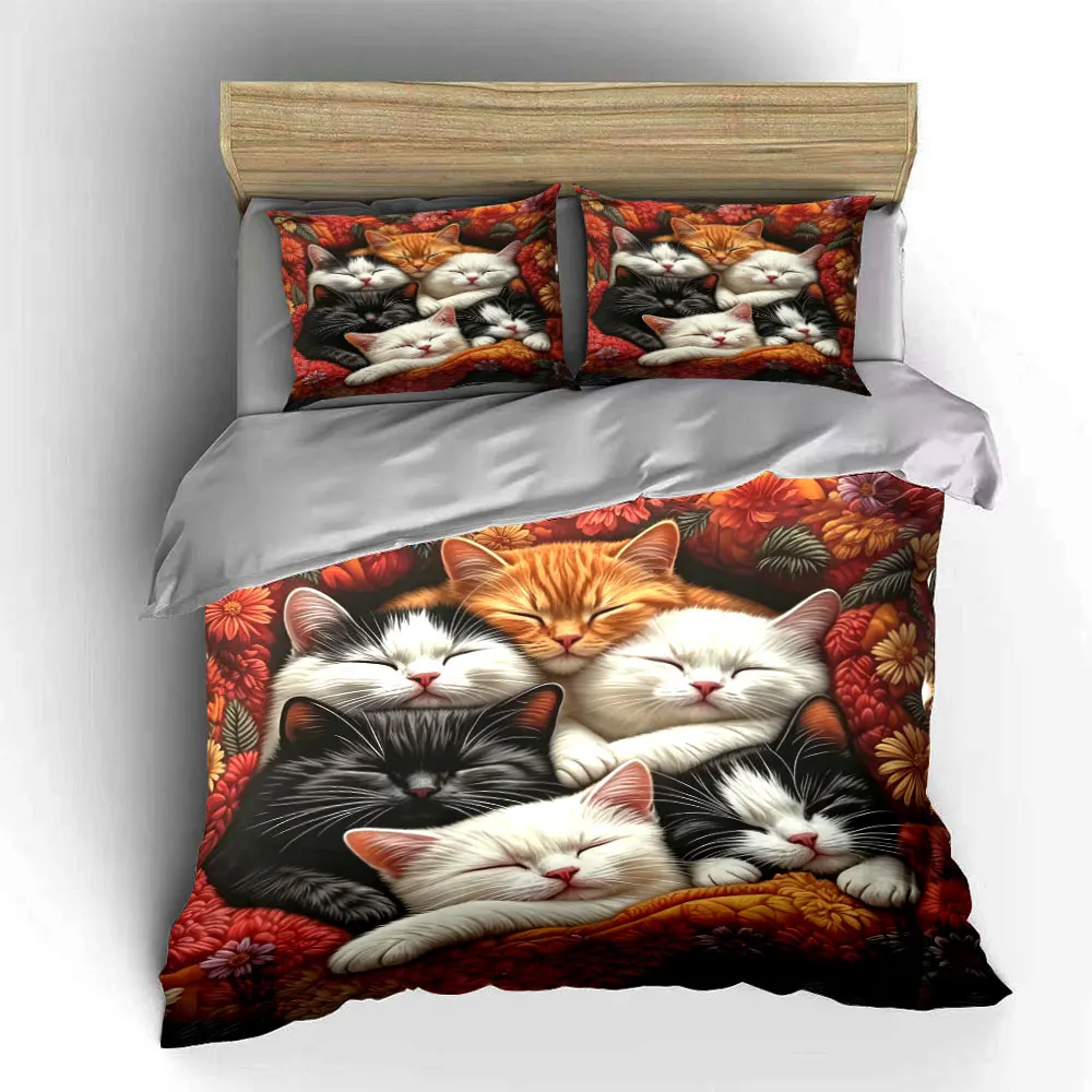 Cat Bedding Set Cartoon Duvet Cover Set Flowers Comfor Cover Bedroom Decor Guest Room 3pcs(1 Duvet Cover + 2 Pillow) 5