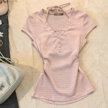 Y2K Sweet Lace Trim Solid T-Shirts Women Puff Sleeve Tees Bow Front Slim Fit Tops Fashion Casual Summer Daily Outwear 2026 New 1