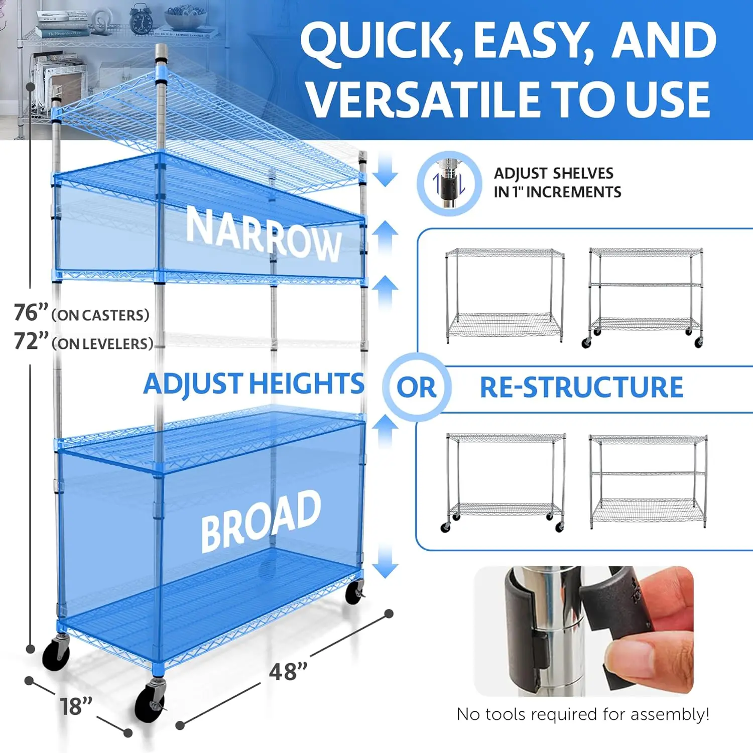 48 x 18x76 4000LBS Metal Shelves for Storage with Wheels Ideal for Garage Shelving 5 Tier Wire Shelving Rack for Kitchen Storage 2