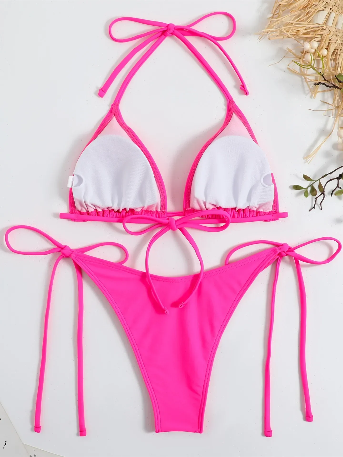 Sexy Brown Bikini Women Solid Red Halter Push Up Bra Tie Side Triangle Swimsuit Summer Bathing Suit Lace Up Micro Swimwear
