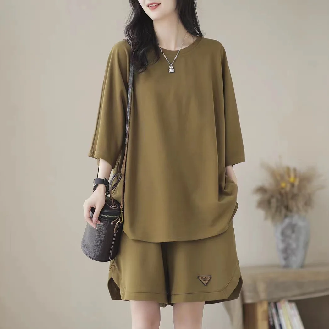 여성용 투피스 라지 사이즈 짧은 세트, 반팔 상의, 빈티지 루즈, 하라주쿠 패션, 한국 솔리드 스포츠 캐주얼 슈트, 여름