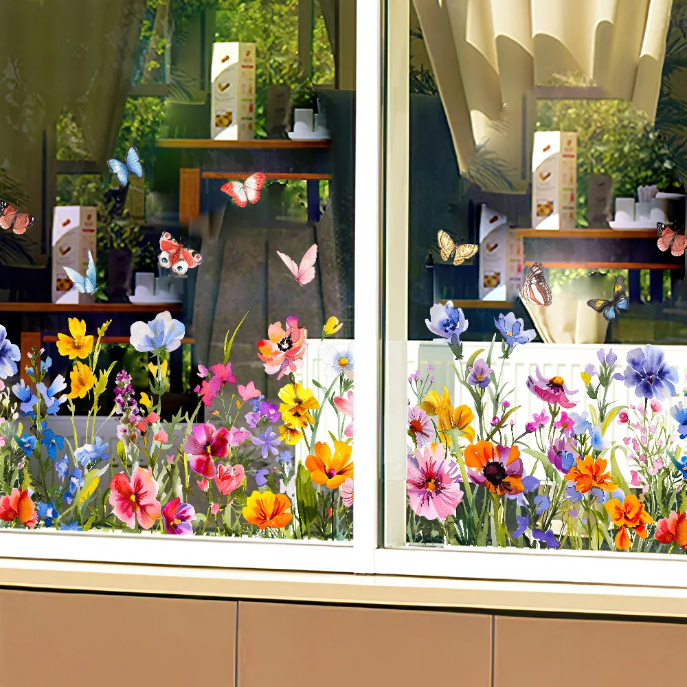 Butterflys Flowers Plants Printed Window Decorative Stickers Self-Adhesive Living Dining Room Bedroom Kitchen Glass