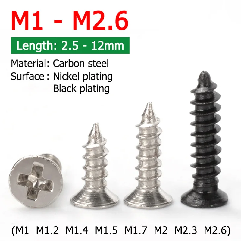 

1000pcs Cross Phillips Flat Countersunk Head Self-tapping KA Small Screw Nickel/Black Plated M1/M1.2/M1.4/M1.5/M1.7/M2/M2.3/M2.6