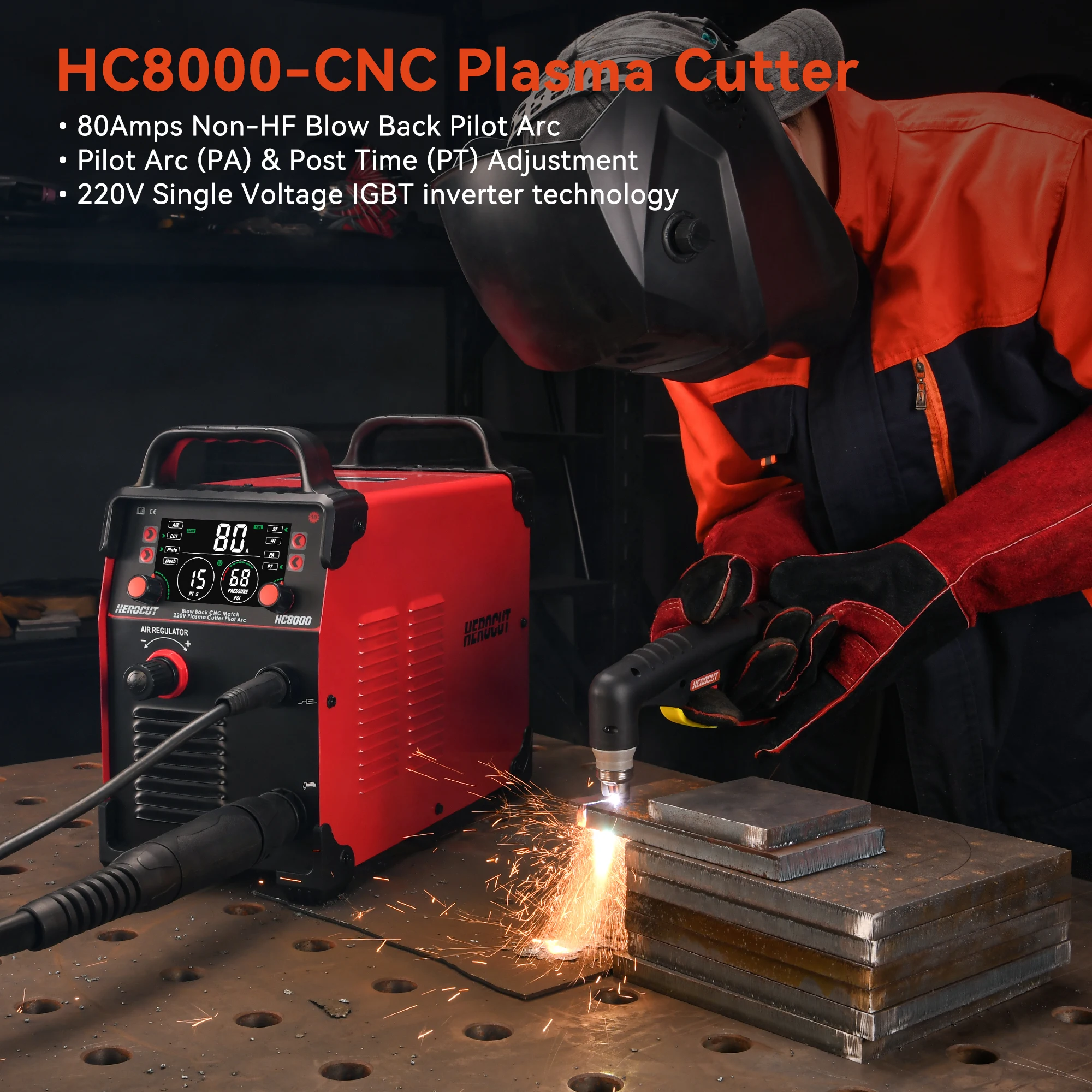 CNC Pilot Arc Plasma Cutter HC8000 80Amps Blow Back Non-HF Cutting Machine with Digital Screen,THC Torch Height Control Enabled 3