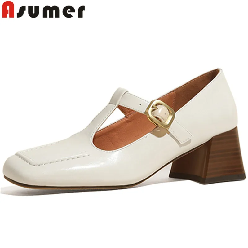 

ASUMER 2022 New Arrive Mary Janes Ladies Square Med Heels Dress Shoes Genuine Leather Shallow Shoes Fashion Women Pumps