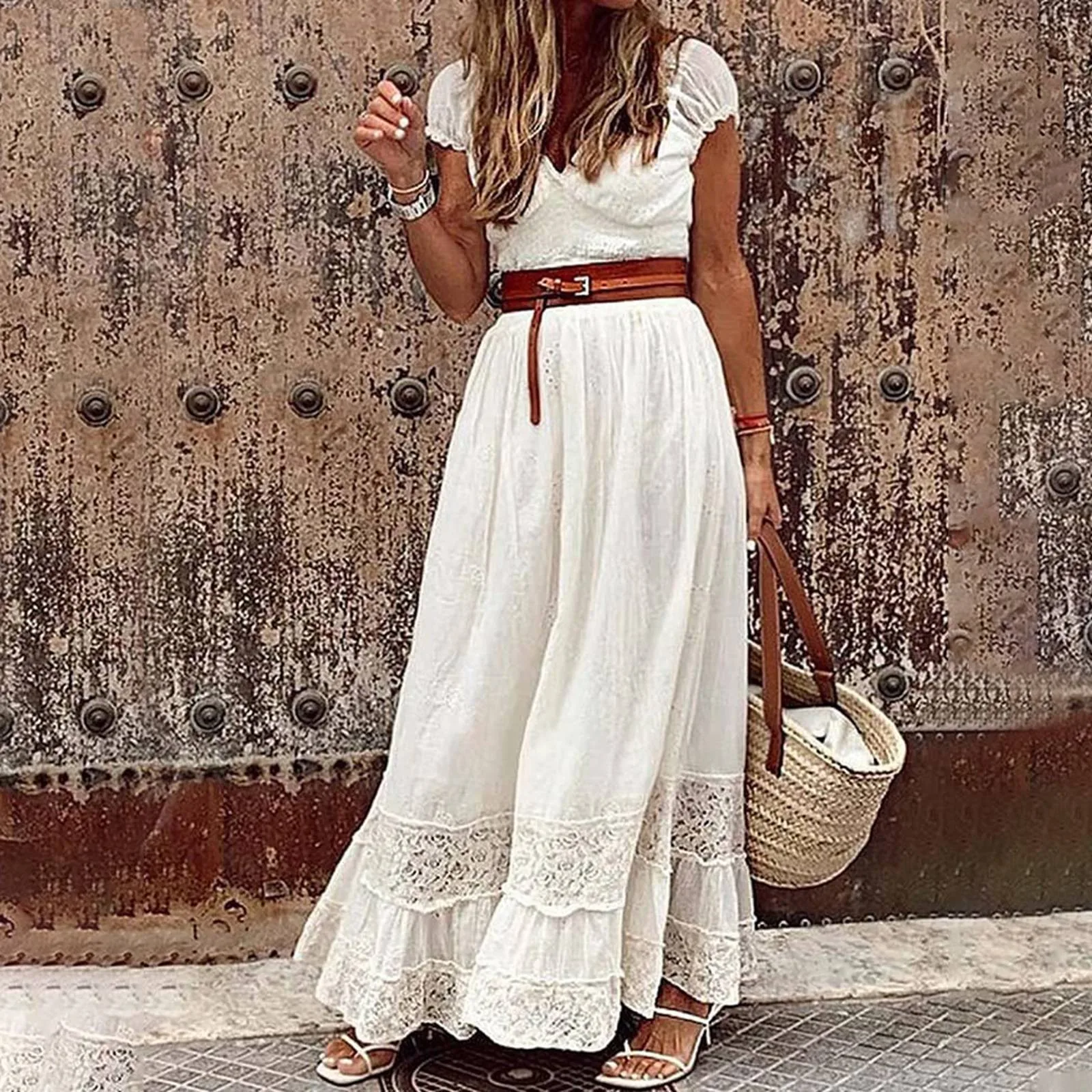 Piedra Half-Knitted Taupe Dress with Bonnet