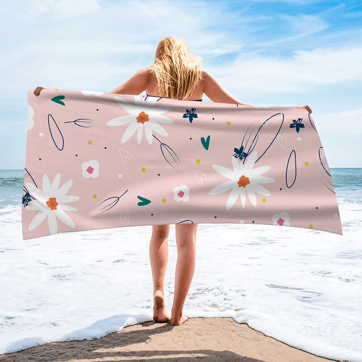 

1 piece of pink daisy floral pattern printed microfiber absorbent sand proof beach towel