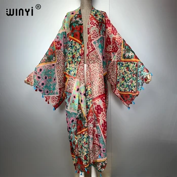 WINYI bohemian kimono print Women coat Loose tassels Long coat beach Holiday Swimming Cover Up party dresses luxury dubai abaya 1