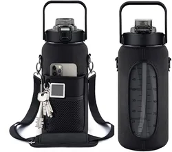 Half Gallon Water Bottle with Sleeve, Straw & Time Marker - Leakproof & Motivational Sport Jug, 64oz - 2.0L (Black)