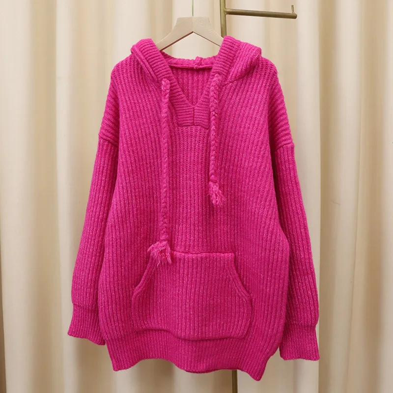 

Женский вязаный свитер с капюшоном, Свободный пуловер с большими карманами и длинными рукавами, трикотажный свитер розового или бежевого цвета для осени