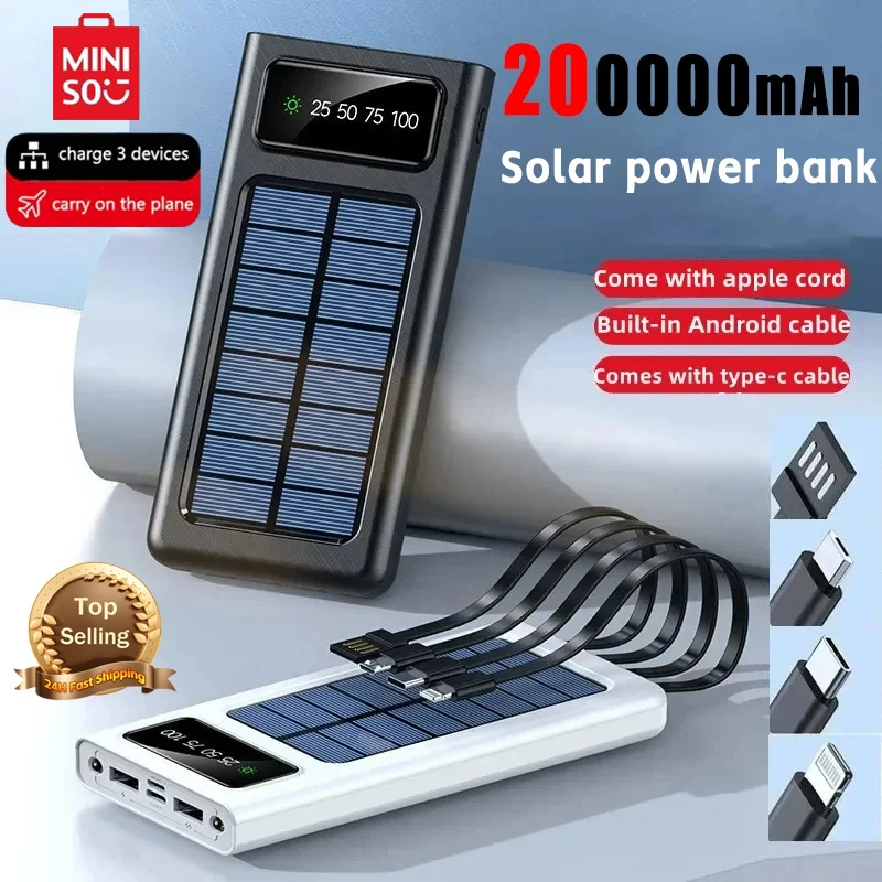 Miniso 200000Mah Solar Power Bank Built Cables Conveniente Fast Charging Porte Usb Powerbank Per Telefoni Cellulari Con Luce A Led