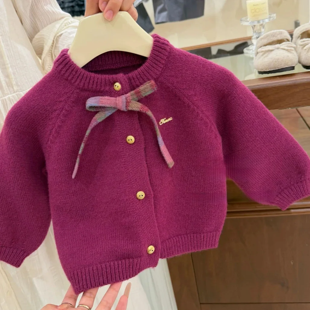 여아 가을 겨울 니트 스웨터 가디건 재킷 체크무늬 스커트 고급스러운 보라색 스커트
