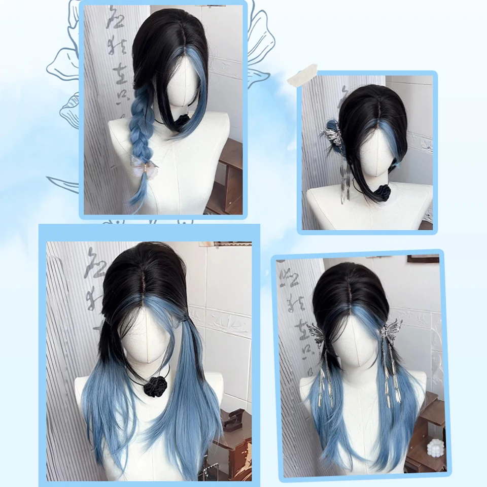 Synthetic Blue Black Straight Wig with Bangs for Women Cosplay