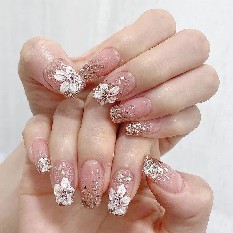 

24Pcs/Set False Nail Retro natural Camellia Fake Nail Tips Full Cover Acrylic False Nails Art Decoration For Nail Tips