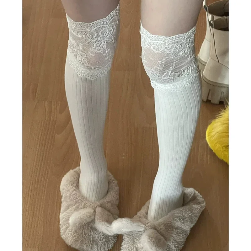 Boot Socks Autumn/Winter Solid Color Thigh High Lace Cute Lolita Thick Warm Stockings Sexy Black White Long Leg Socks for Women