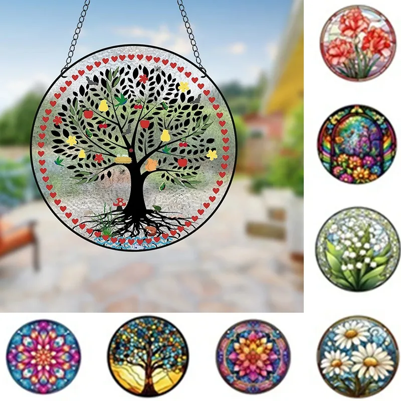 Décorations D'anniversaire à Suspendre En Forme D'arbre De Vie En Verre Peint En Acrylique Coloré Exquis Pour Porche, Décoration Murale (café, 17 Cm