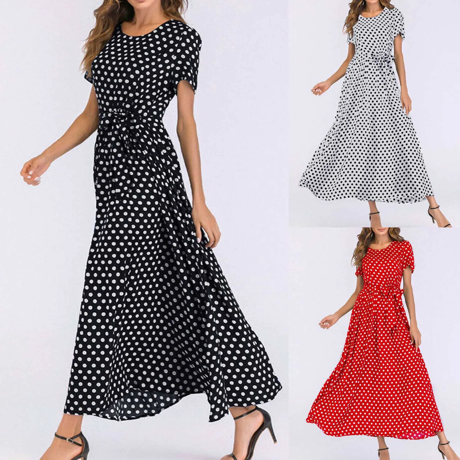 

Women's Summer Round Neck Short Sleeved Tied Beach Polka Dot Printed Dress Fashionable Long Slimming Clothes For Women 2024