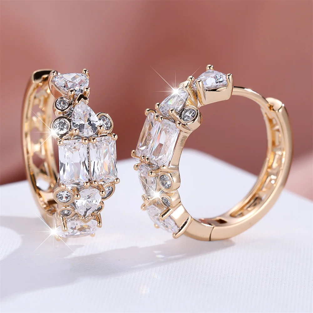 Geometric Crystal Water Drop White Zircon Hoop Earrings For Women Vintage Gold Color Ear Buckle Wedding Jewelry Versatile Gifts