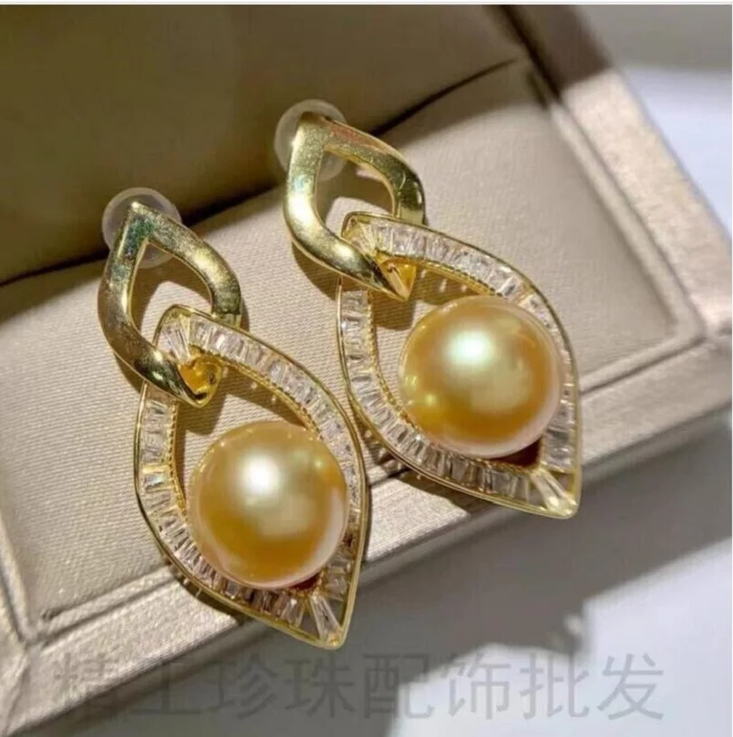 

Giant AAAAA 10-11mm Round Natural South China Sea Gold Pearl Earrings 925S
