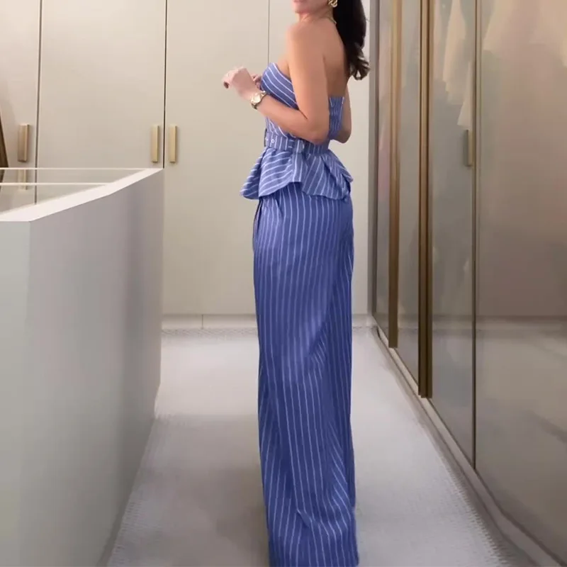 Sleeveless Belt Tank Top Stripe High Waist Wide Leg Pant Sets 2Pc Slim V-neck Vest And Loose Trouser Fashion Office Lady Outfits