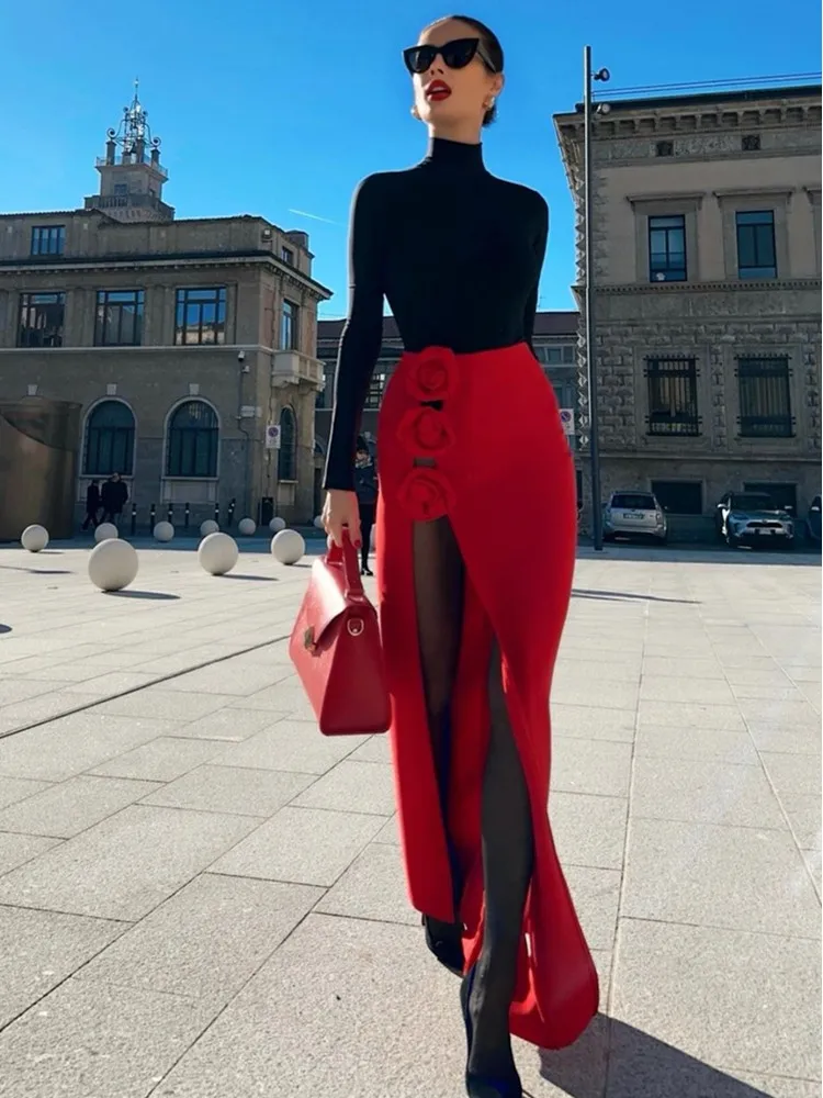 Jupe Crayon Fink Taille 10 - Rouge à Fleurs En Soie - Très Bon état