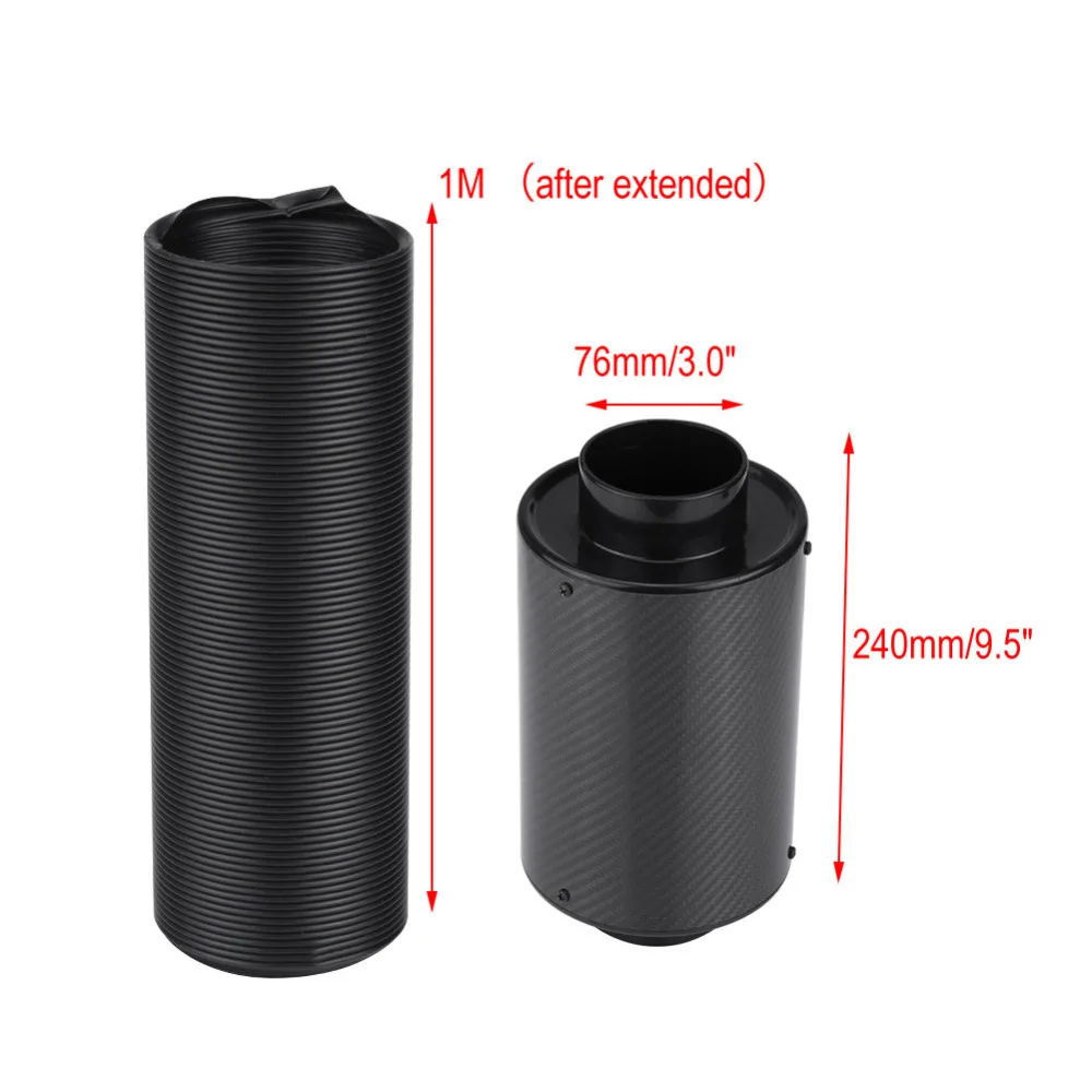 Air Filters 1set 76mm 3 inch Universal Car Cold Air Filter Carbon Fibre Feed Enclosed Intake Induction Pipe Hose Kit