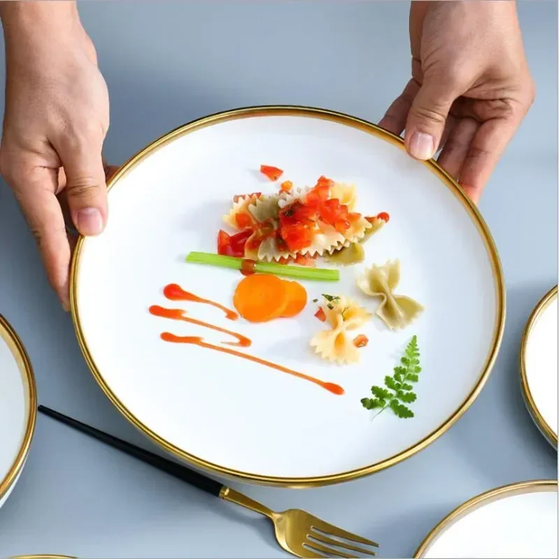 Gold Inlay Bright Porcelain White Dinner Sets Bowl Ceramic Dish Plates Dinnerware Set for Household Hotel