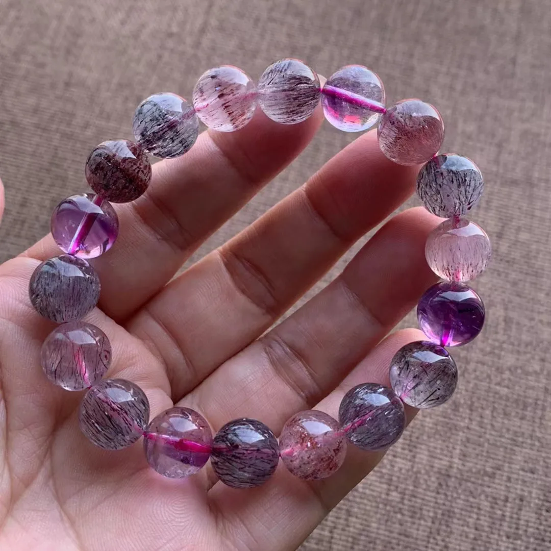 

Natural Super Seven 7 red Lepidocrocite Quartz Bracelet 11.5mm Colorful Rutilated Clear Round Beads Women Men AAAAAA