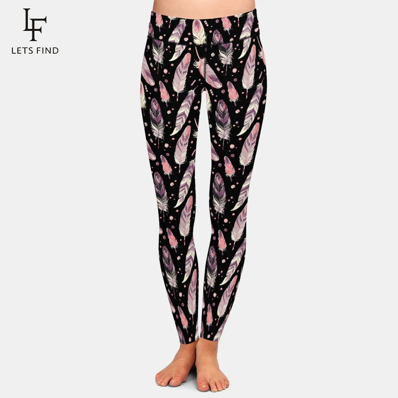 

LETSFIND 2020 New Women High Waist Pants Fashion Feather Print Women Fitness Black Stretch Leggings