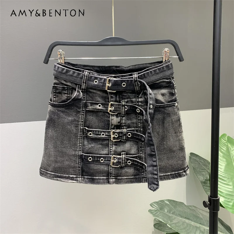 Fashion Hot Girl American Hip Bag Denim Skirt Summer Spring 2024 New Slimming A-line Kawaii Anti-Exposure Skirts Women's Clothes