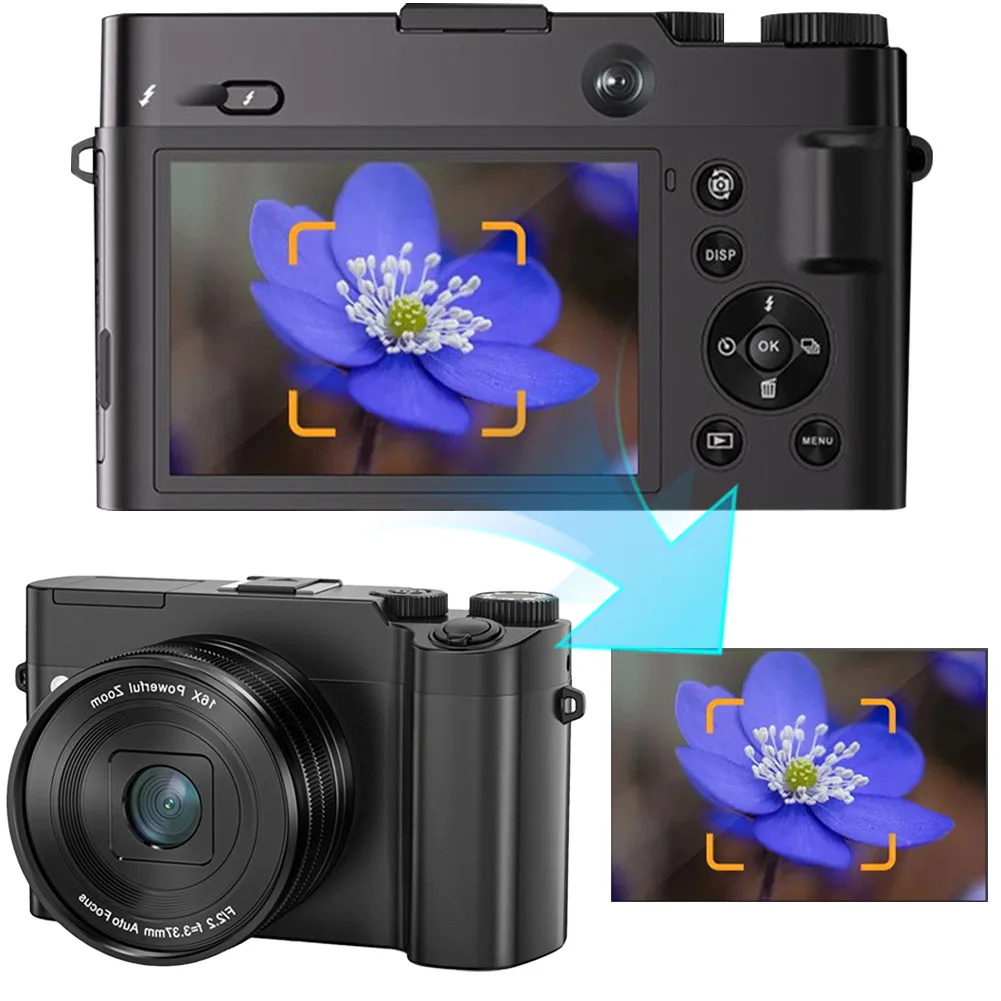 4K 64MP Digital Camera Dual Lens Cameras Autofocus Compact Digital Camera with Anti-Shake Flash 16X Zoom for YouTube