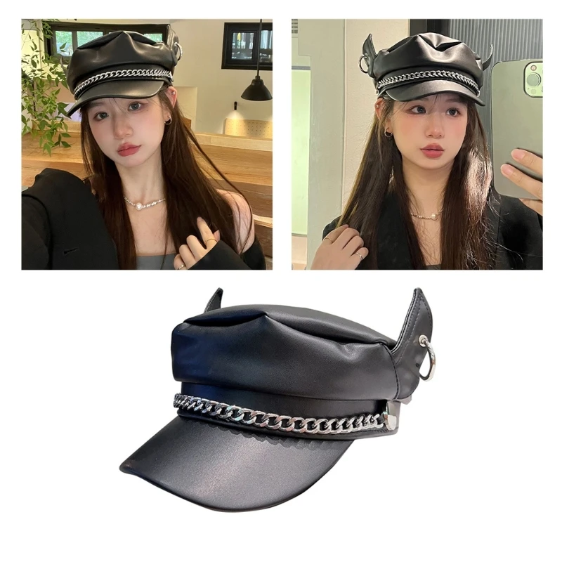 

Adult Punk Elf Ear Hat Teens PU Octagons Cap Hot Girls Women Hat Carnival Taking Photo Shopping Hat