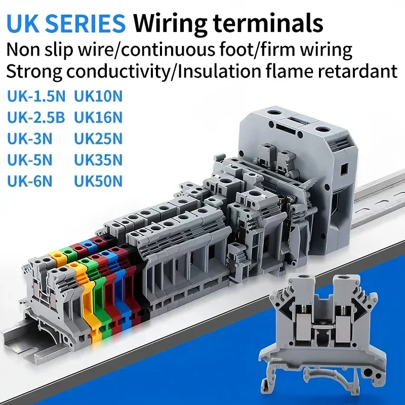 UK1.5N/2.5B/3N/5N/6N/10N/16N/25N/35N/50N Terminal Block สกรู Clamp Connector DIN Rail Universal สายไฟทองเหลืองแรงดันไฟฟ้า Terminal 1