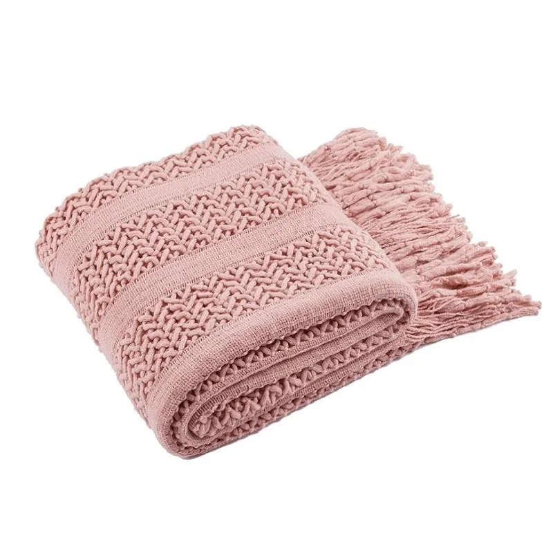 Pink Knitted Throw Blankets with Tassels Jacquard Textured Boho All-Season Vintage Chunky Cozy Gift Blankets Manta Para Sofá