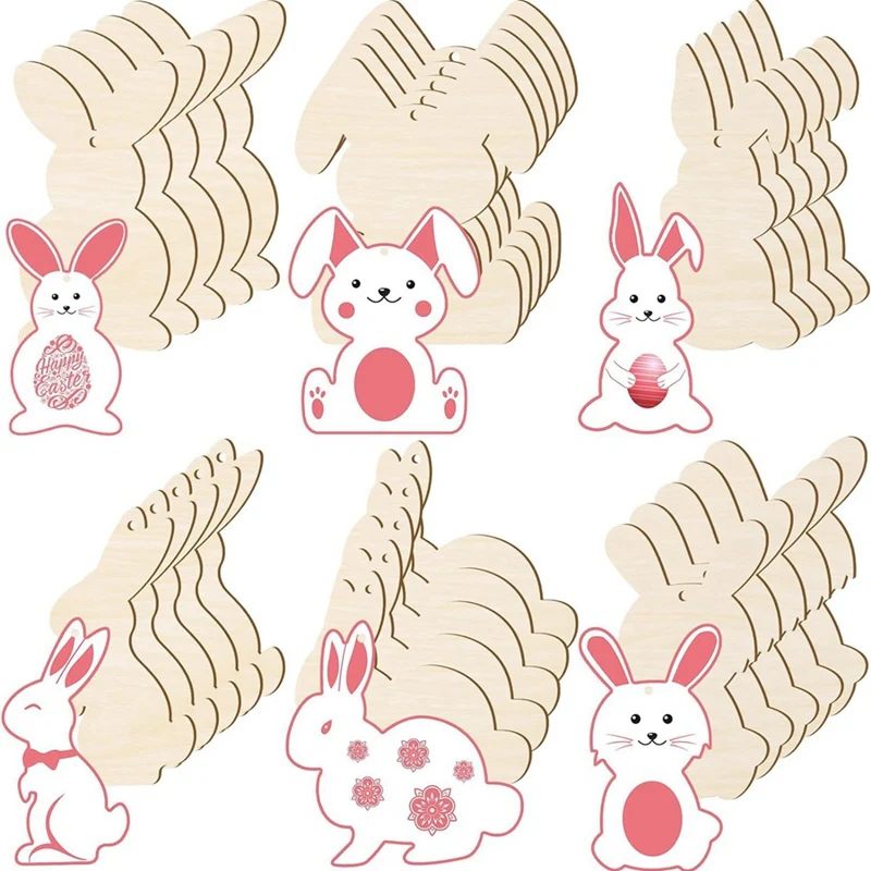 

72PCS Easter Wood Bunny Cutouts Kit Unfinished Wooden Rabbit Cutouts Blank Bunny Shape Slices Hanging Ornament Craft Tags Set