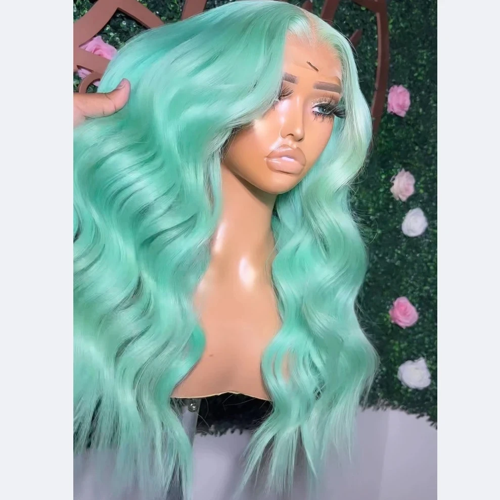 

ZXBMALWIGS Mint Green Colored Body Wave Synthetic Wig Blonde Long Wavy Glueless Fiber Lace Frontal Wigs Cosplay Use Women Hair