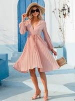 Casual pleated deep v-neck summer dress women beach Elegant pink puff long sleeve spring midi dress Sexy mujers