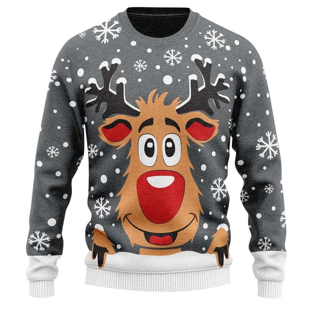 Ugly Christmas Sweater Women Reindeer Print Oversized Knit Sweater Winter Round Neck Long Sleeve Cozy Holiday Sweater Knitwear 5