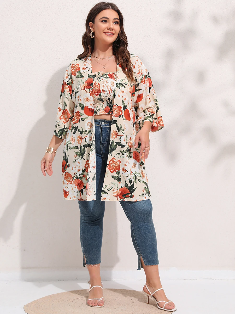 Finjani Floral Print Shirred Frill Trim Tube Top & Coat Plus Size Women's Summer Suit Set