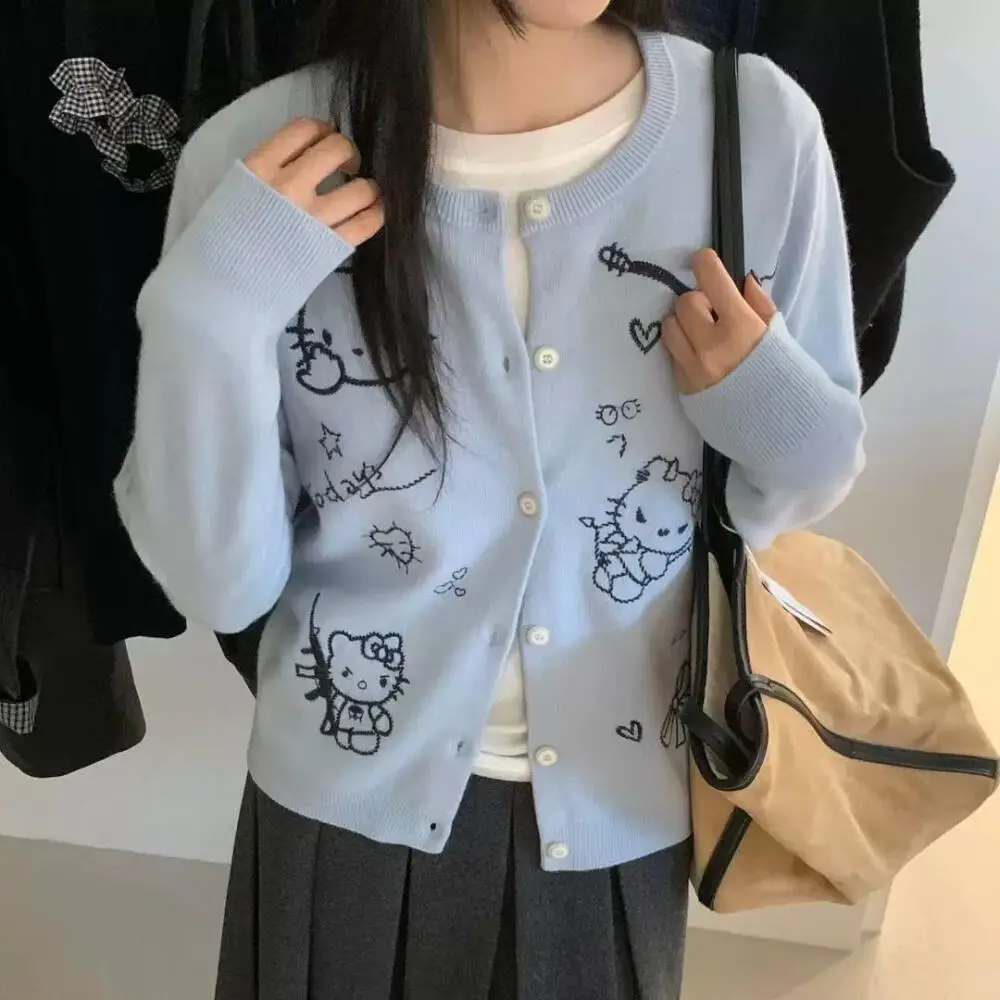 산리오 라운드 넥 긴팔 스웨터 애니메이션 헬로 키티 카와이 걸스 카디건 스웨터 가을 부드럽고 달콤한 루즈 학생 귀여운 탑