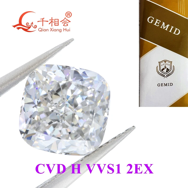 3.43ct H white CVD lab-grown diamond, cushion cut, VVS1 clarity, GEMID-certified, perfect for elegant jewelry designs.