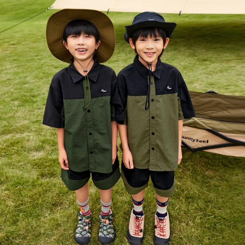 EKchildren's Outdoor Mountain Camping Quick-Drying Color Blocking Boys Loose-Fit Short Sleeve Shirt Stylish Medium To Large Chil