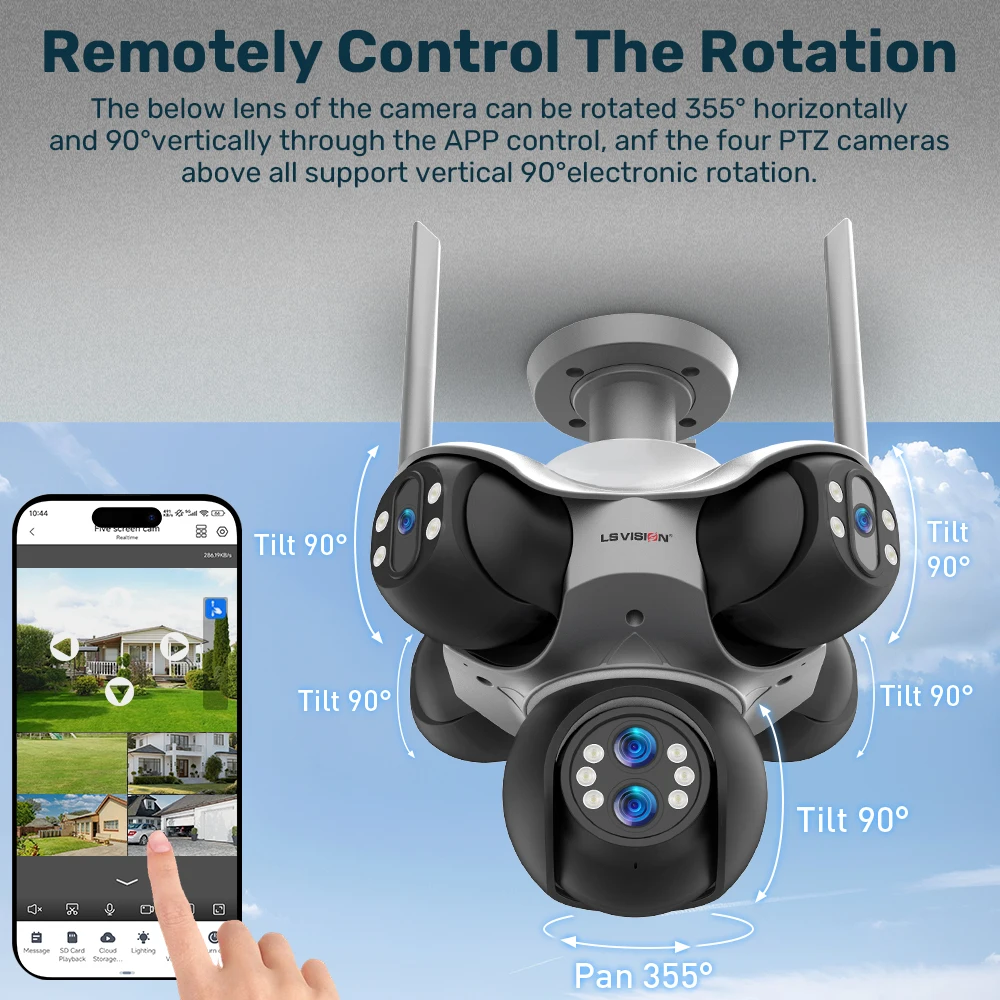 Wifi PTZ Panoramic Security Camera Outdoor 6 Lens 5 Screens Color Night CCTV Wireless Video Surveillance Cameras 30MP