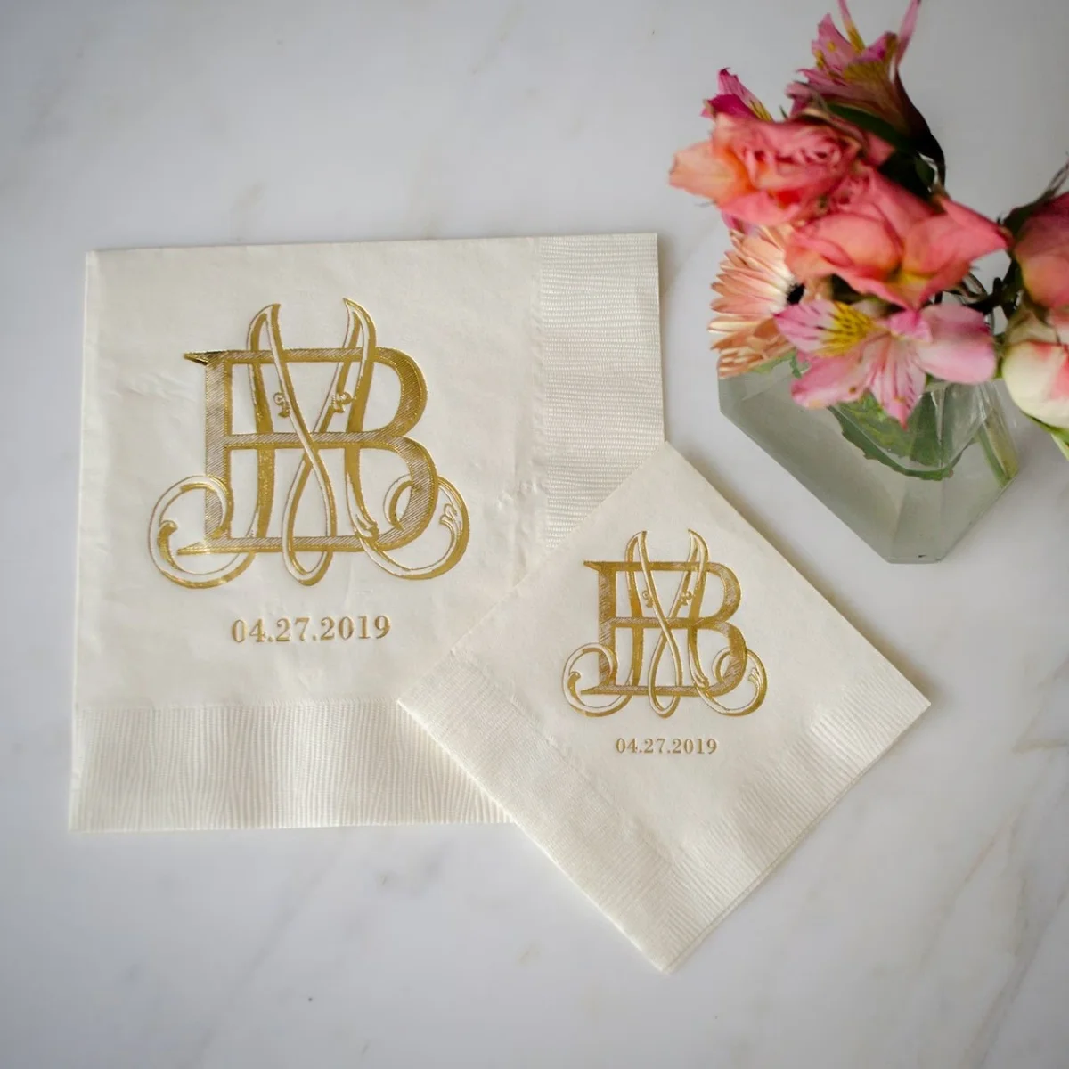 

50 Gold Foil Print Cocktail Napkins, Interlocking Monogram Ivory Napkins, Interlocking Monogram Elegant Wedding Decor, Appetizer