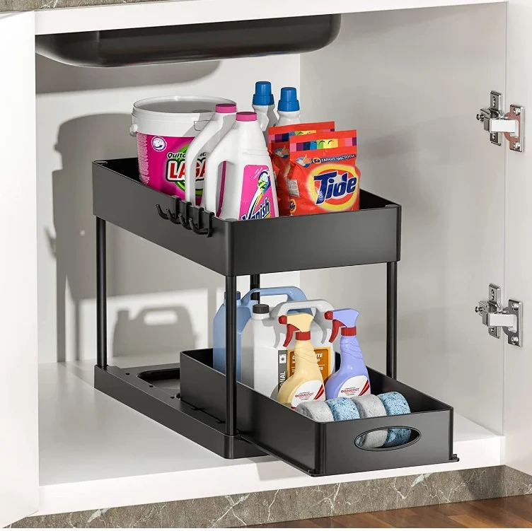 

Double Sliding Under Sink Storage,Two Tier Bathroom Organization,Under Cabinet Organizer with Hooks HangingCup,Home Organization