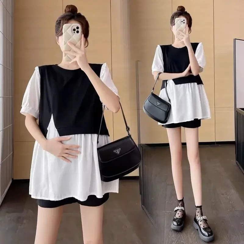 Elegant Slimming Maternity Two-piece Suit Top Loose-fit Shorts Summer Petite Size Fashionable Style Belly Covering Clothing