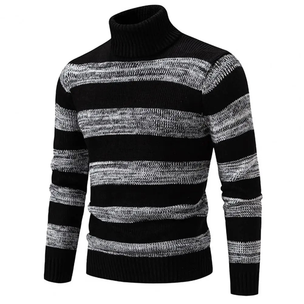 

Men's Autumn And Winter Sweater Striped Color Block Knitted Turtleneck Long Sleeve Stretch Pullover Thickened Men's Sweater