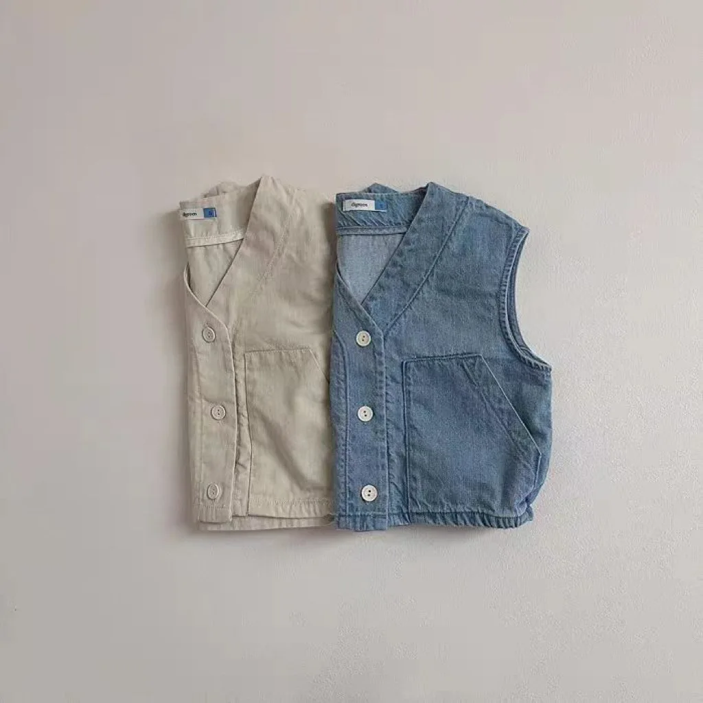 Spring New Baby Sleeveless Denim Vest Jacket Solid Infant Girl Cotton V-neck Vest Toddler Boy Fashion Casual Cardigan Coat
