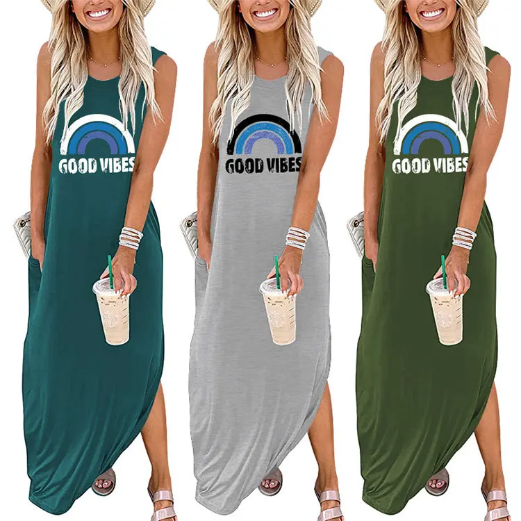 

The new round-necked sleeveless dress GOOD VIBES rainbow printed casual vest knitted dress